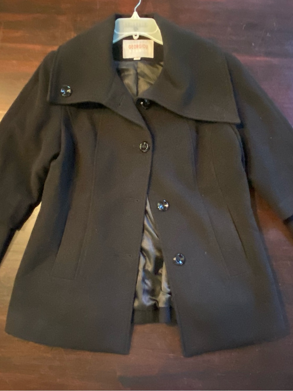 Georgiou Studio Women’s Black Button Pea Coat, Lined Pockets, Size M